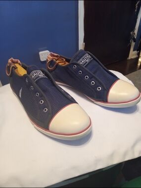 Nautica Navy Mesh Slip-On Sneakers with Cream Toe and Red Trim